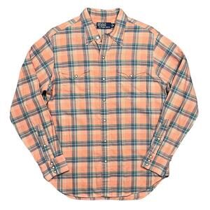 Polo Ralph Lauren Orange Blue Green Twill Plaid Pearl Snap Western Shirt Men MED